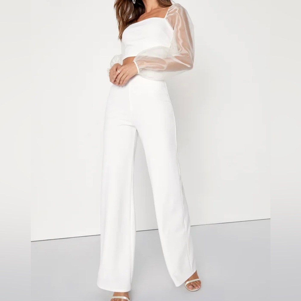 Lulus Sheerly Sultry Ivory Organza Balloon Sleeve Two-Piece Jumpsuit